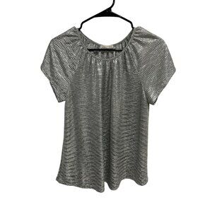 Copper Key Silver Metallic Shimmer Short Sleeve Top Blouse Size XL Disco Glam